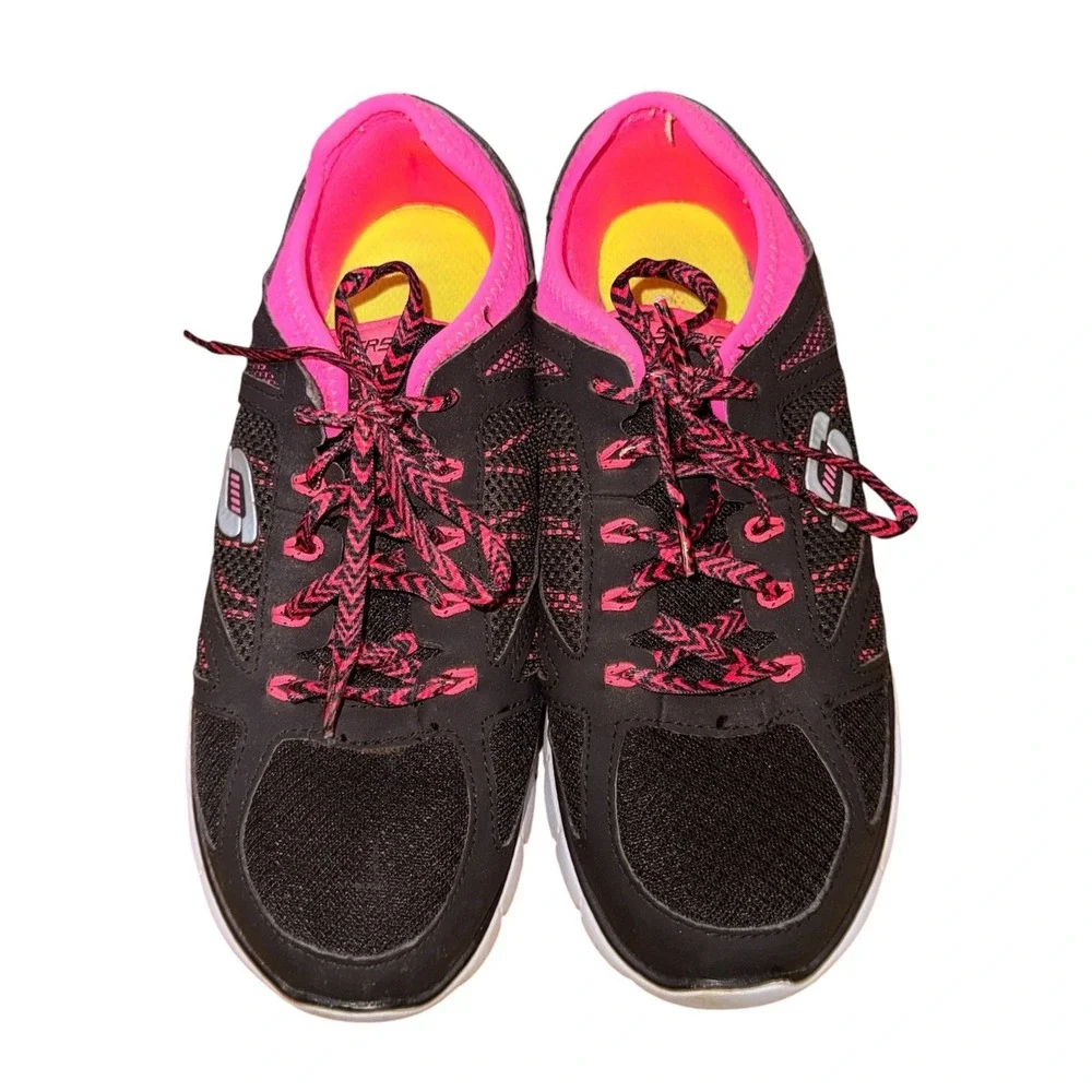 Skechers Skech-Flex Womens 8 Pre-Owned Sneakers Black Pink Mesh Lace Up 12128